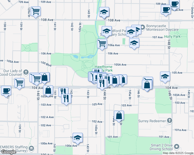 map of restaurants, bars, coffee shops, grocery stores, and more near 10451 144 Street in Surrey