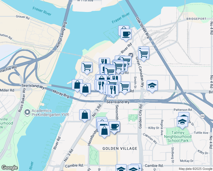 map of restaurants, bars, coffee shops, grocery stores, and more near in Richmond