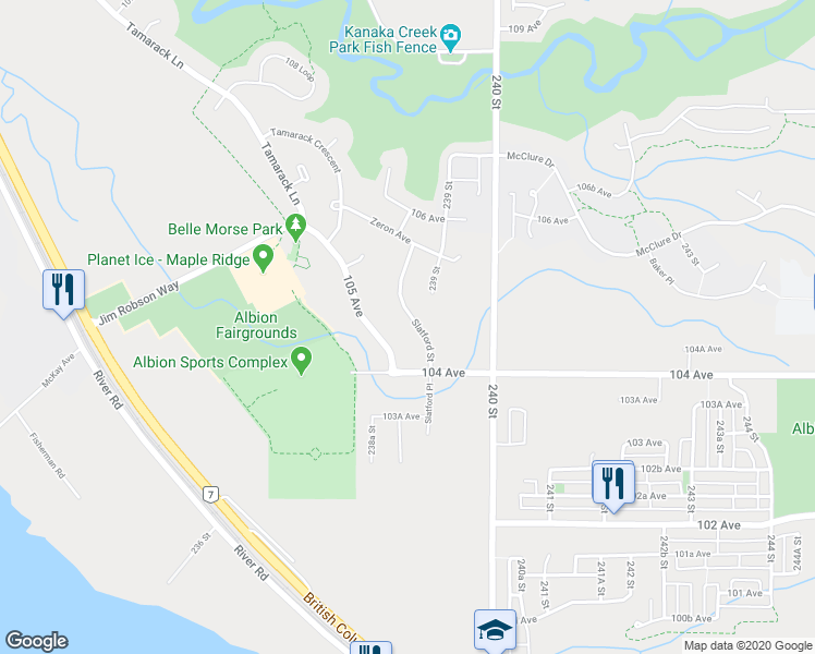 map of restaurants, bars, coffee shops, grocery stores, and more near 10463 Slatford Street in Maple Ridge