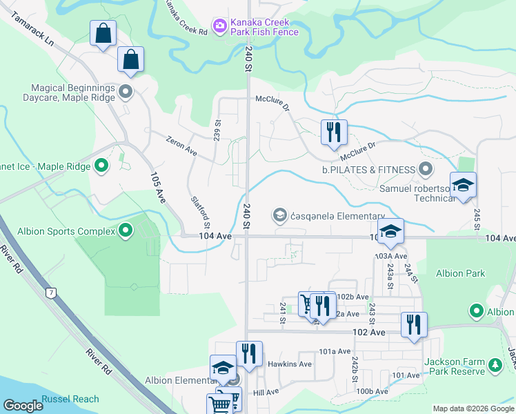 map of restaurants, bars, coffee shops, grocery stores, and more near 10456 240 Street in Maple Ridge