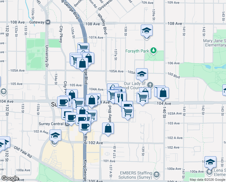 map of restaurants, bars, coffee shops, grocery stores, and more near 10428 Whalley Boulevard in Surrey