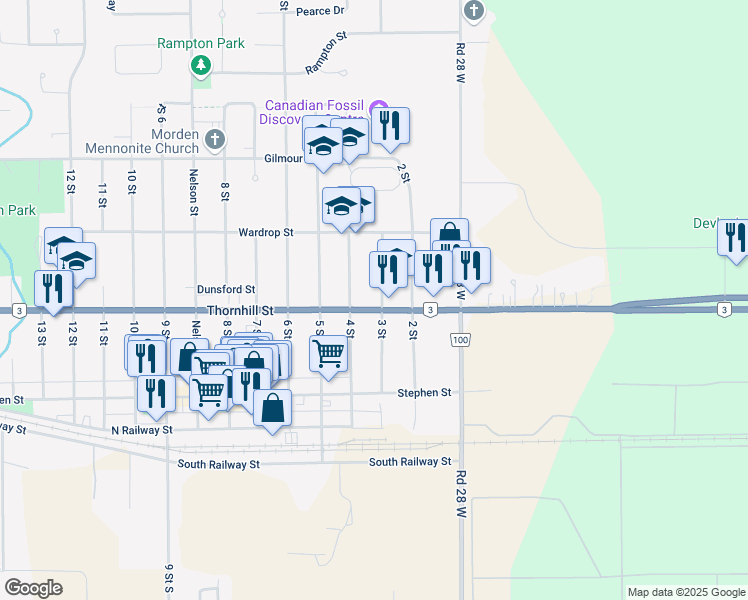map of restaurants, bars, coffee shops, grocery stores, and more near 105 Thornhill Street in Morden