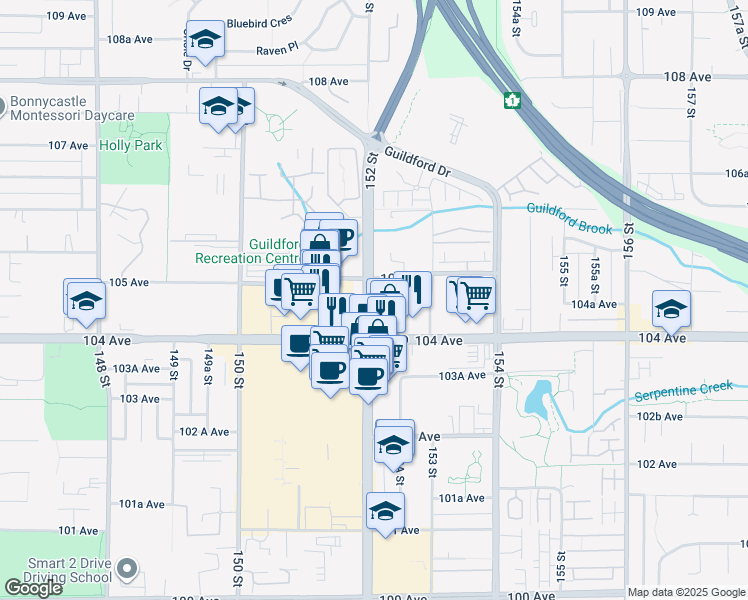 map of restaurants, bars, coffee shops, grocery stores, and more near 10470 152 Street in Surrey