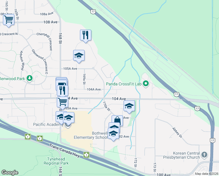 map of restaurants, bars, coffee shops, grocery stores, and more near 17087 104A Avenue in Surrey