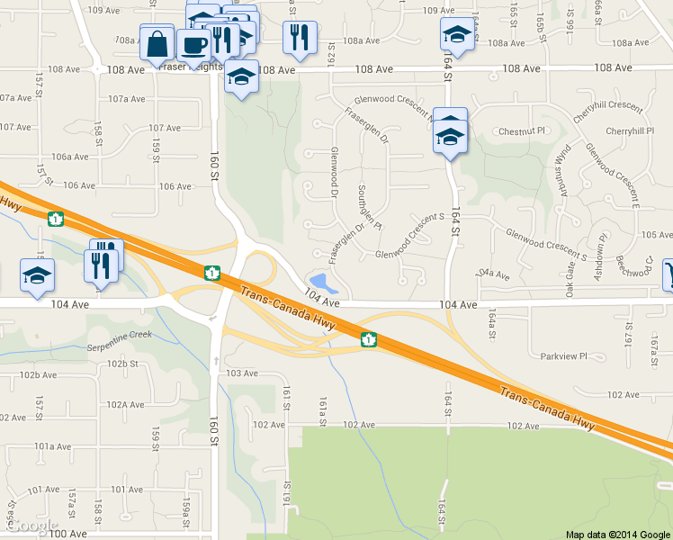map of restaurants, bars, coffee shops, grocery stores, and more near in Surrey