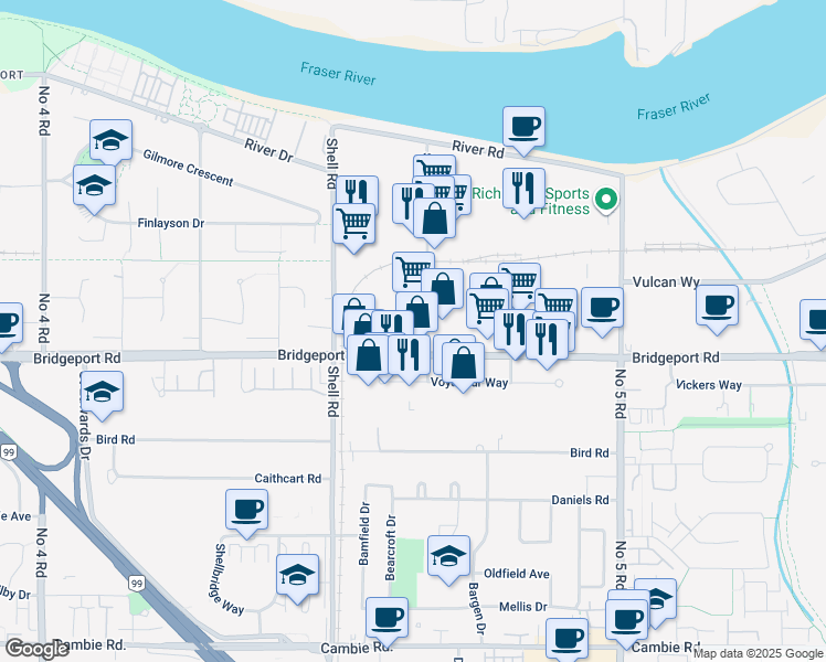 map of restaurants, bars, coffee shops, grocery stores, and more near 2920 Simpson Road in Richmond