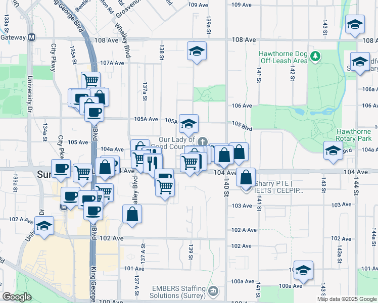 map of restaurants, bars, coffee shops, grocery stores, and more near 10465 139 Street in Surrey