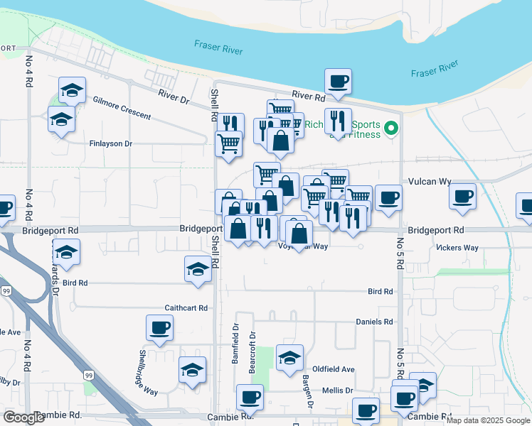 map of restaurants, bars, coffee shops, grocery stores, and more near 2981 Simpson Road in Richmond
