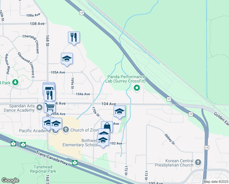 map of restaurants, bars, coffee shops, grocery stores, and more near 17161 104A Avenue in Surrey