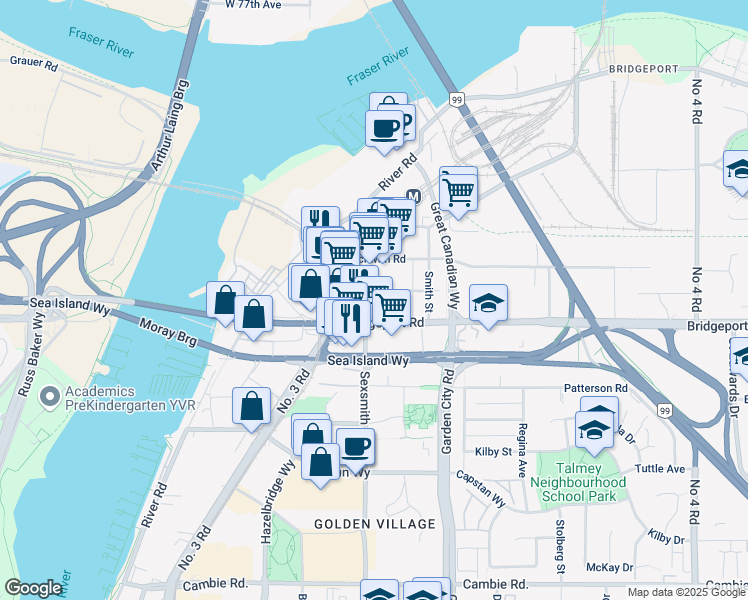 map of restaurants, bars, coffee shops, grocery stores, and more near 2840 Sexsmith Road in Richmond