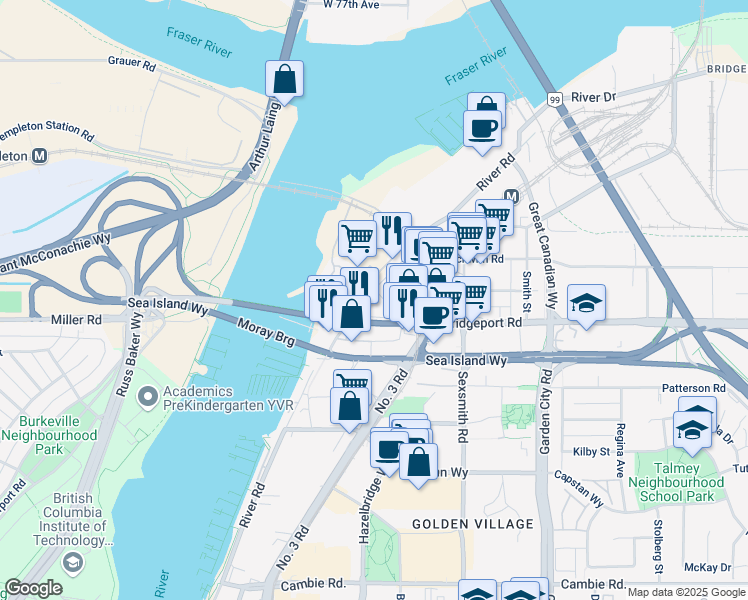 map of restaurants, bars, coffee shops, grocery stores, and more near 8451 Bridgeport Road in Richmond
