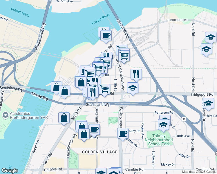 map of restaurants, bars, coffee shops, grocery stores, and more near 8940 Douglas Street in Richmond