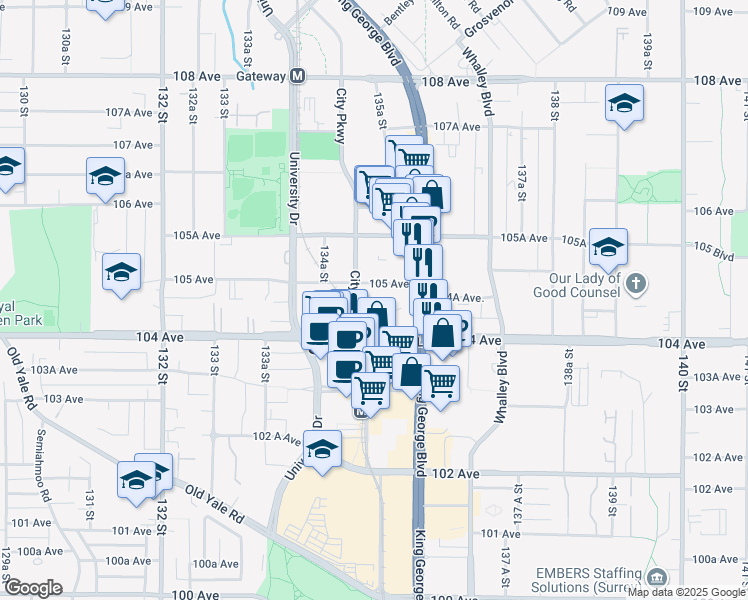 map of restaurants, bars, coffee shops, grocery stores, and more near 10460 City Parkway in Surrey