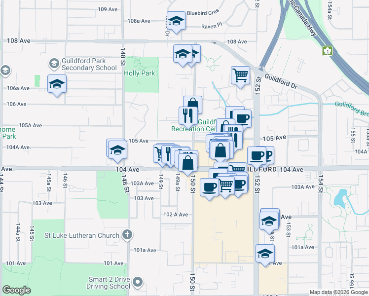 map of restaurants, bars, coffee shops, grocery stores, and more near 10463 150 Street in Surrey