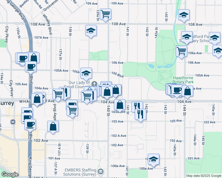 map of restaurants, bars, coffee shops, grocery stores, and more near 10462 140 Street in Surrey