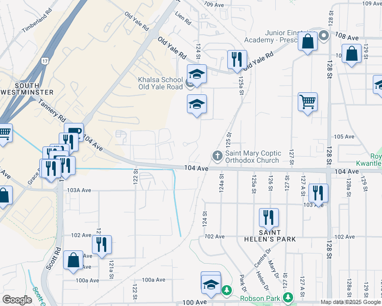 map of restaurants, bars, coffee shops, grocery stores, and more near 10488 124 Street in Surrey