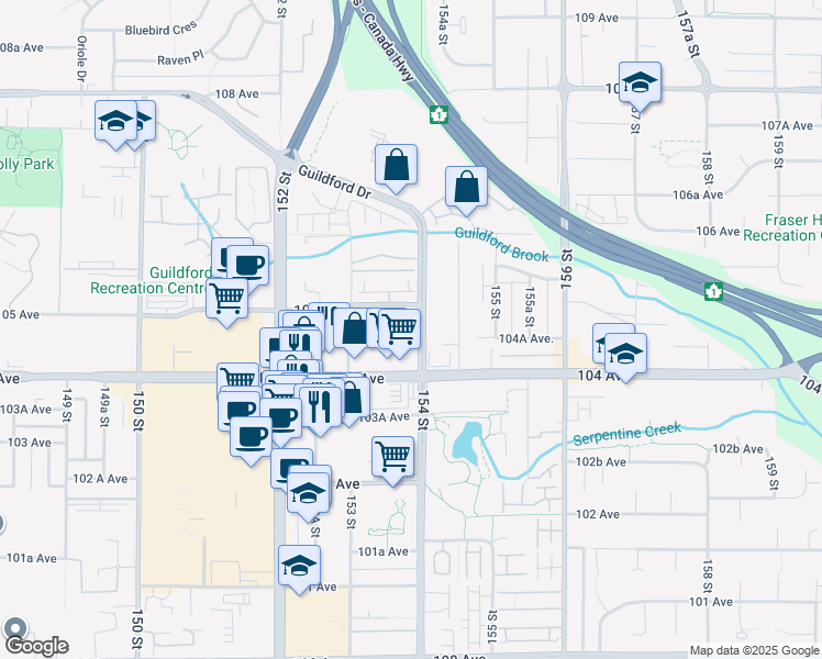 map of restaurants, bars, coffee shops, grocery stores, and more near 10477 154 Street in Surrey