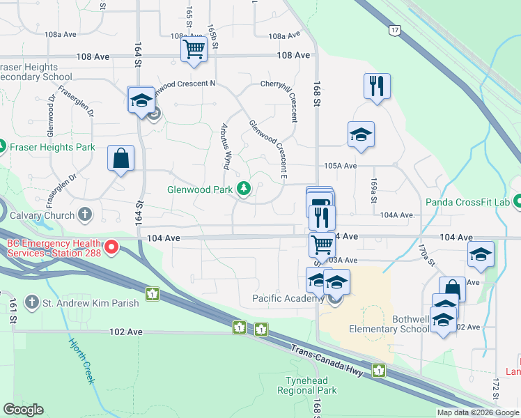map of restaurants, bars, coffee shops, grocery stores, and more near 10482 Ashdown Place in Surrey