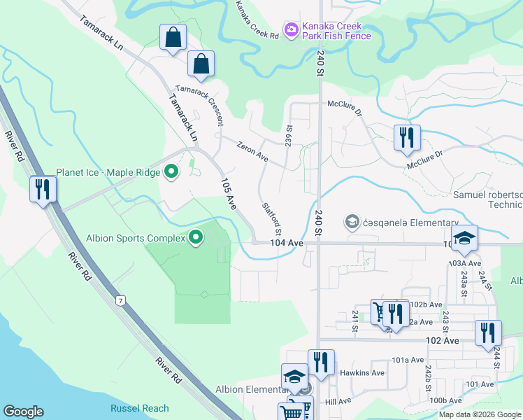 map of restaurants, bars, coffee shops, grocery stores, and more near 10471 Slatford Street in Maple Ridge