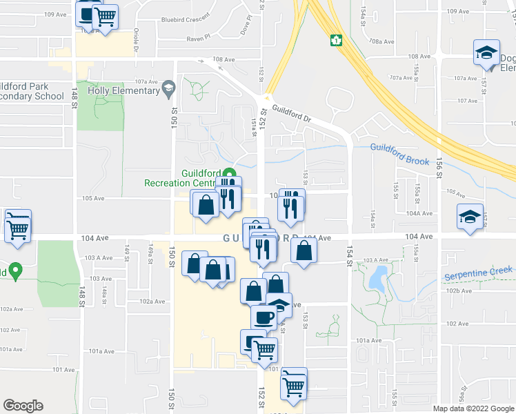 map of restaurants, bars, coffee shops, grocery stores, and more near 10470 152 Street in Surrey