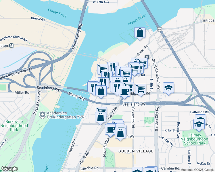 map of restaurants, bars, coffee shops, grocery stores, and more near 8400 West Road in Richmond