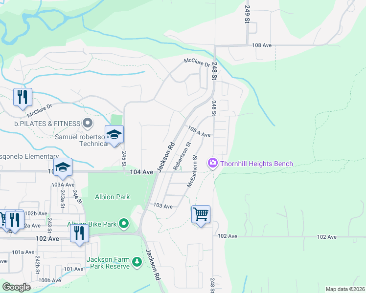 map of restaurants, bars, coffee shops, grocery stores, and more near 10490 Jackson Road in Maple Ridge