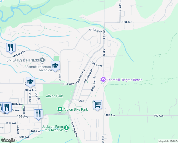 map of restaurants, bars, coffee shops, grocery stores, and more near 10489 Robertson Street in Maple Ridge