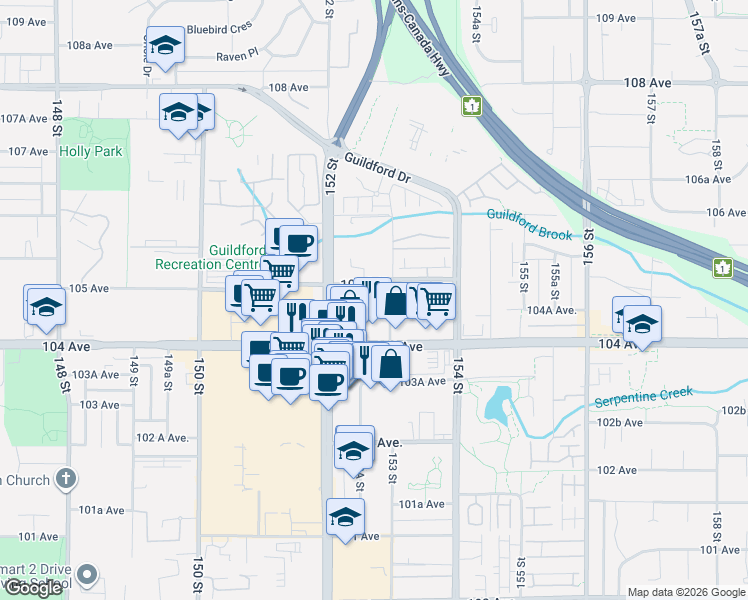 map of restaurants, bars, coffee shops, grocery stores, and more near 15268 105 Avenue in Surrey