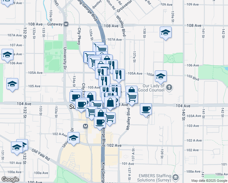 map of restaurants, bars, coffee shops, grocery stores, and more near 13660 104A Avenue in Surrey