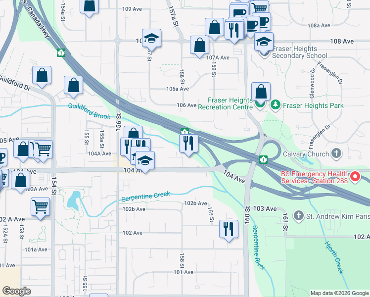 map of restaurants, bars, coffee shops, grocery stores, and more near 10460 158 Street in Surrey