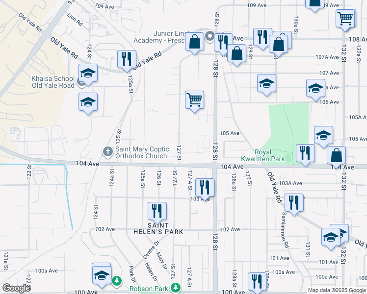 map of restaurants, bars, coffee shops, grocery stores, and more near 12711 104A Avenue in Surrey