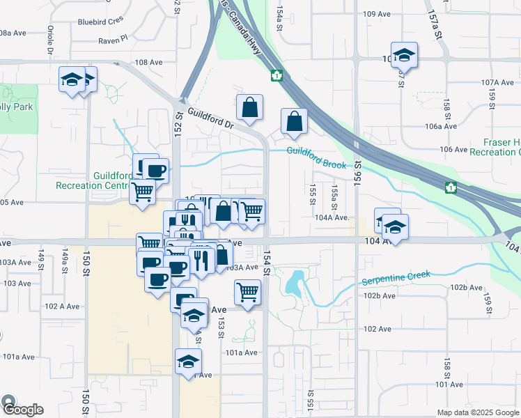 map of restaurants, bars, coffee shops, grocery stores, and more near in Surrey