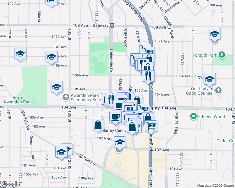 map of restaurants, bars, coffee shops, grocery stores, and more near 13428 105 Avenue in Surrey