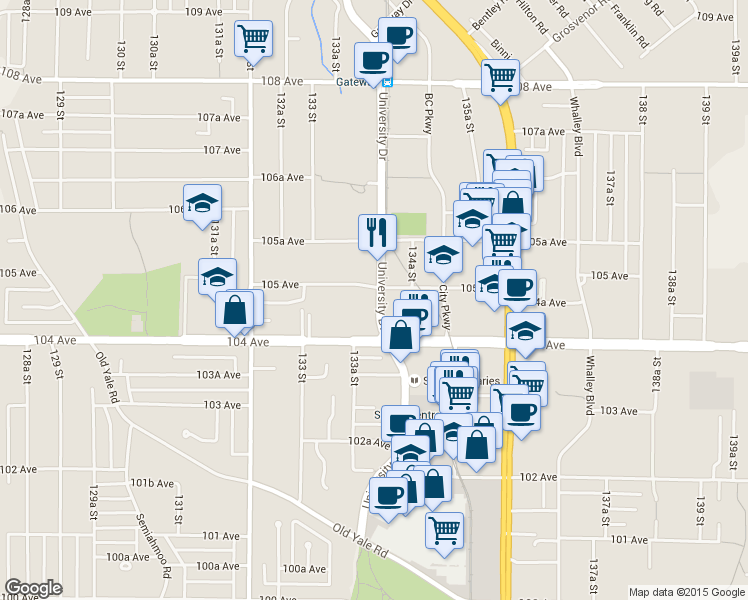 map of restaurants, bars, coffee shops, grocery stores, and more near in Surrey