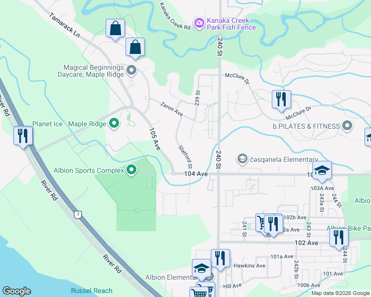 map of restaurants, bars, coffee shops, grocery stores, and more near 10436 Slatford Street in Maple Ridge