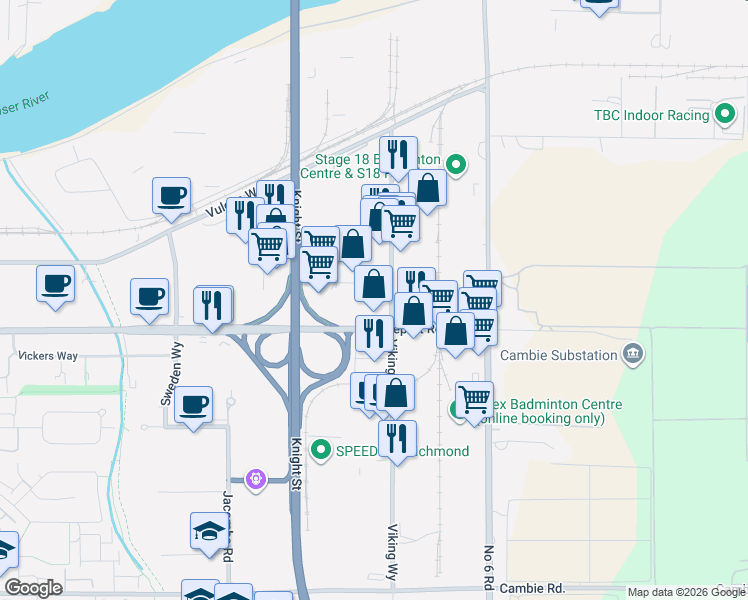map of restaurants, bars, coffee shops, grocery stores, and more near 2931 Viking Way in Richmond