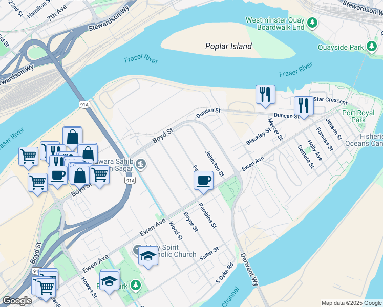 map of restaurants, bars, coffee shops, grocery stores, and more near 345 Fenton Street in New Westminster