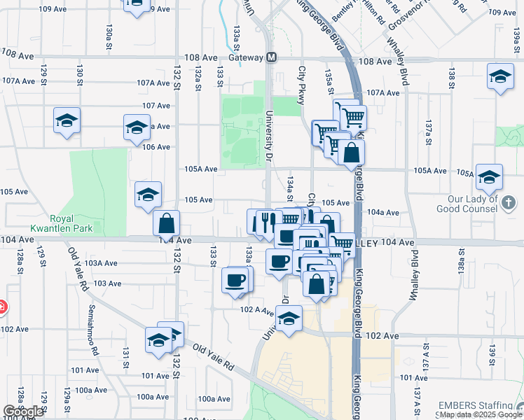 map of restaurants, bars, coffee shops, grocery stores, and more near 10499 University Drive in Surrey