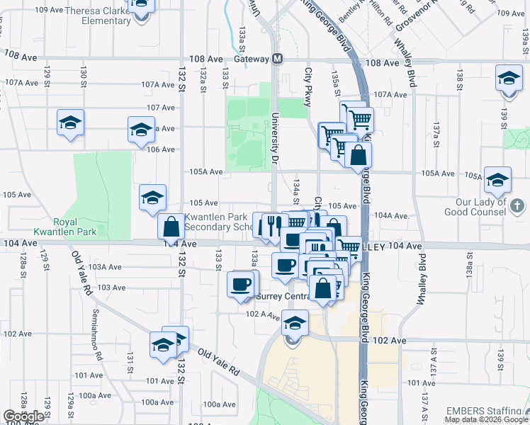 map of restaurants, bars, coffee shops, grocery stores, and more near 10499 University Drive in Surrey