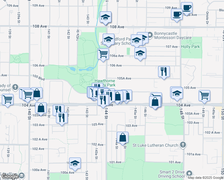 map of restaurants, bars, coffee shops, grocery stores, and more near in Surrey