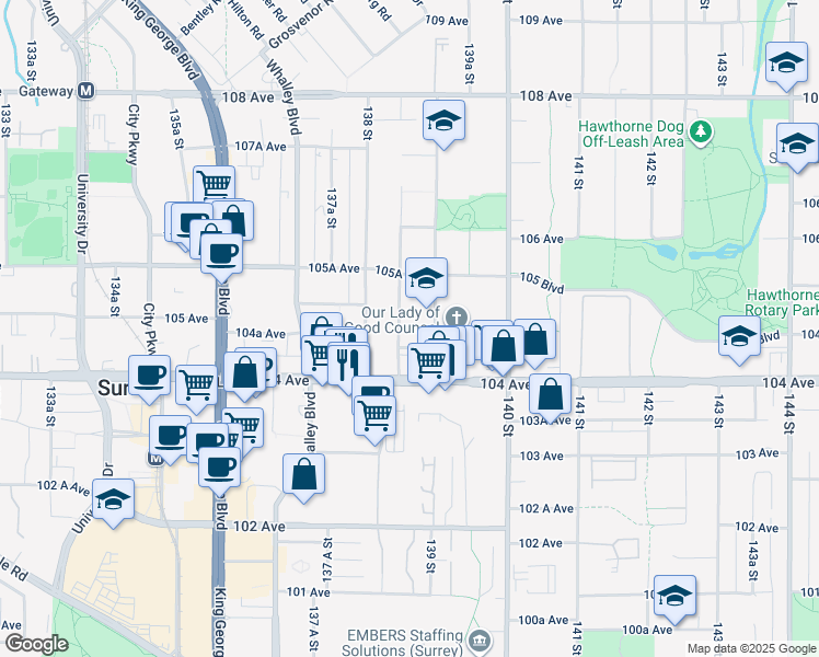 map of restaurants, bars, coffee shops, grocery stores, and more near 10466 138A Street in Surrey