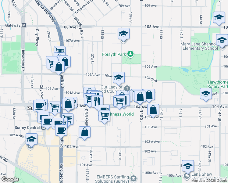 map of restaurants, bars, coffee shops, grocery stores, and more near 10466 138A Street in Surrey