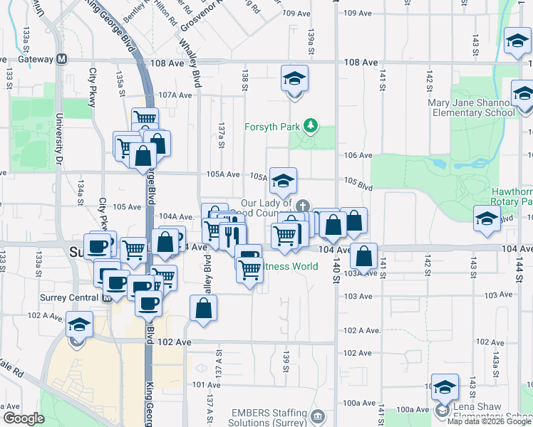 map of restaurants, bars, coffee shops, grocery stores, and more near 10466 138A Street in Surrey