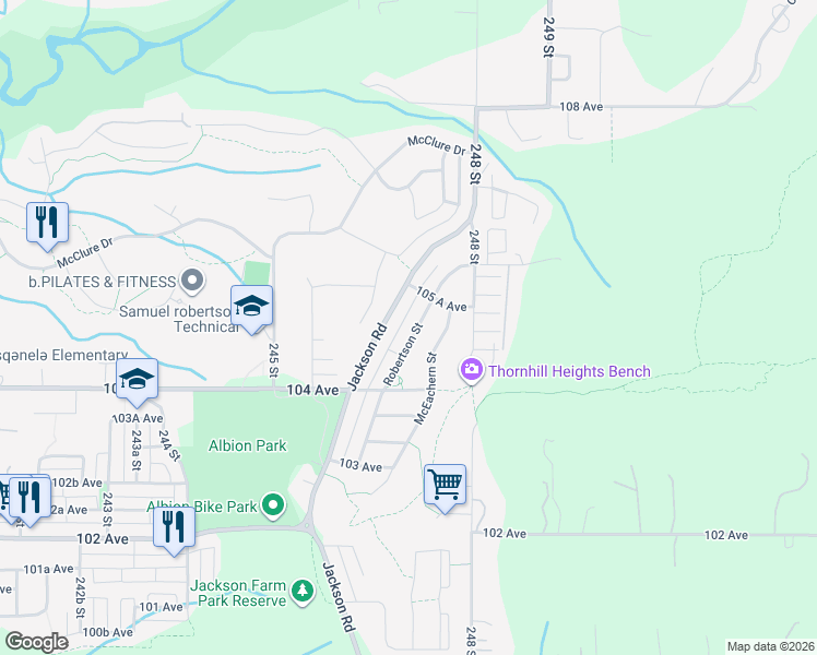 map of restaurants, bars, coffee shops, grocery stores, and more near 10497 Robertson Street in Maple Ridge