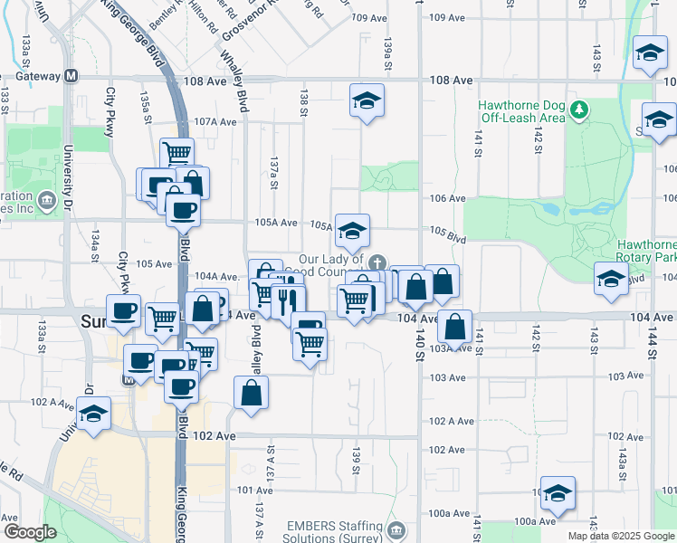 map of restaurants, bars, coffee shops, grocery stores, and more near in Surrey