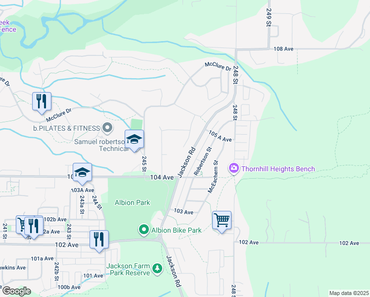 map of restaurants, bars, coffee shops, grocery stores, and more near 10490 McVeety Street in Maple Ridge