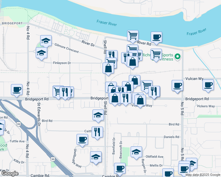 map of restaurants, bars, coffee shops, grocery stores, and more near in Richmond