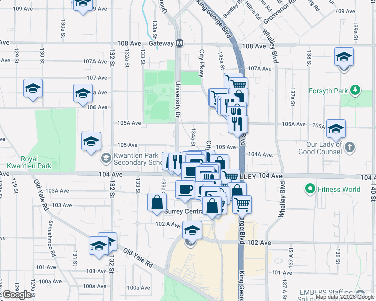 map of restaurants, bars, coffee shops, grocery stores, and more near 13428 105 Avenue in Surrey