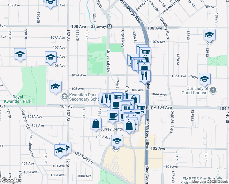 map of restaurants, bars, coffee shops, grocery stores, and more near 13428 105 Avenue in Surrey