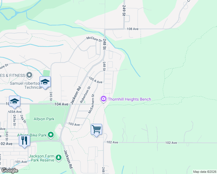 map of restaurants, bars, coffee shops, grocery stores, and more near 25525-25525,25586-25586 104 Ave in Greater Vancouver Regional District